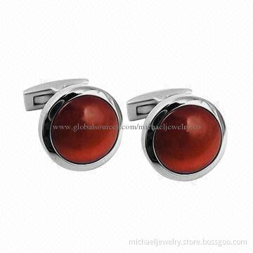 Stainless steel cufflinks with red round opal